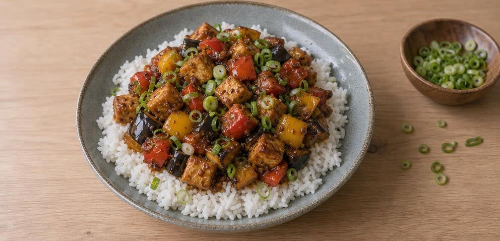 Knuspriger Tofu mit Aubergine und Paprika aus dem Wok – Zubereitung Schritt für Schritt – Anrichten