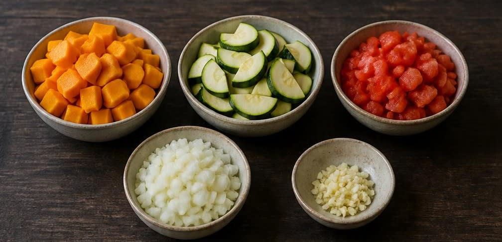 Marokkanischer Kürbis-Kichererbsen-Eintopf mit Zucchini – Zubereitung Schritt für Schritt – Gemüse vorbereiten