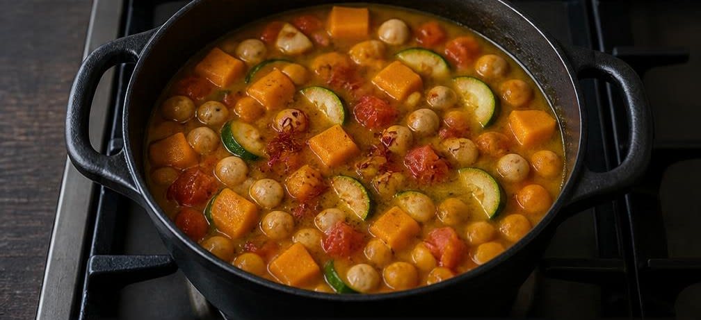 Marokkanischer Kürbis-Kichererbsen-Eintopf mit Zucchini – Zubereitung Schritt für Schritt – Eintopf ansetzen