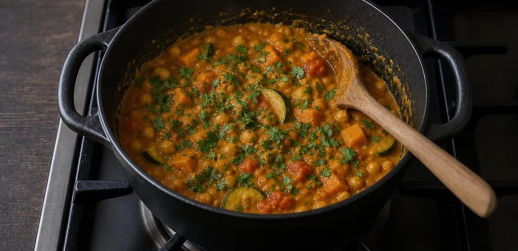 Marokkanischer Kürbis-Kichererbsen-Eintopf mit Zucchini – Zubereitung Schritt für Schritt – Sämigkeit maximieren und garnieren