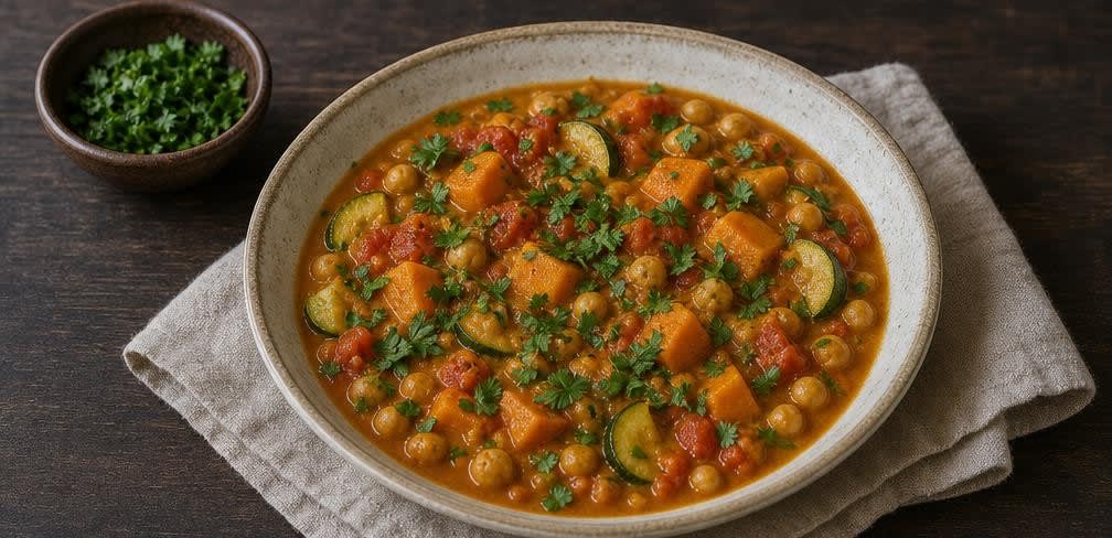 Marokkanischer Kürbis-Kichererbsen-Eintopf mit Zucchini – Zubereitung Schritt für Schritt – Anrichten