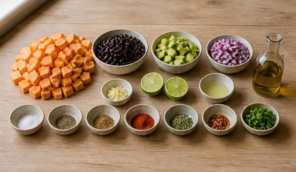 Mexikanische Bohnen-Süßkartoffel-Bowl mit Avocado – Zutaten