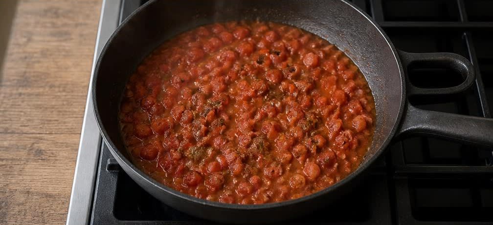 Griechisches Kichererbsen-Spinat-Ragout mit Tomaten – Zubereitung Schritt für Schritt – Tomatensauce einkochen