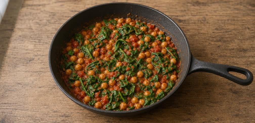 Griechisches Kichererbsen-Spinat-Ragout mit Tomaten – Zubereitung Schritt für Schritt – Spinat unterheben