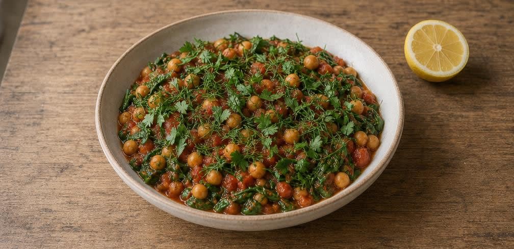 Griechisches Kichererbsen-Spinat-Ragout mit Tomaten – Zubereitung Schritt für Schritt – Anrichten