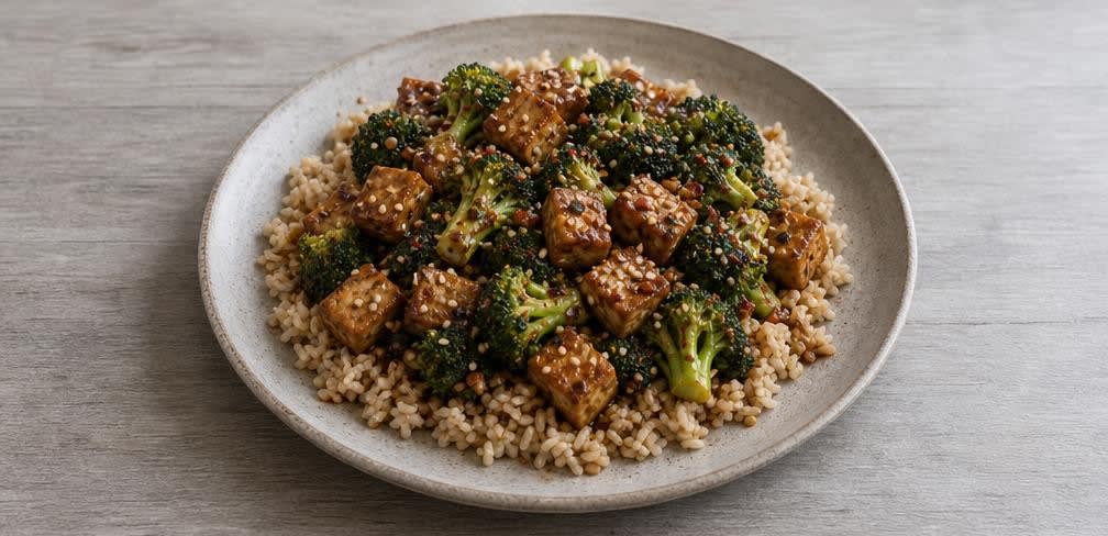 Knuspriger Stir-Fry-Tofu mit Brokkoli und Vollkornreis – Zubereitung Schritt für Schritt – Anrichten