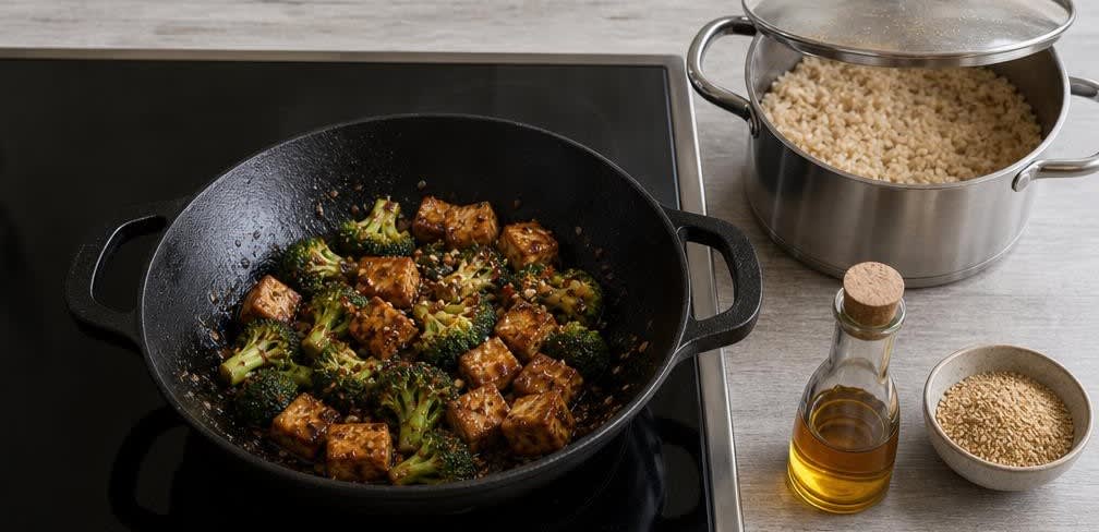 Knuspriger Stir-Fry-Tofu mit Brokkoli und Vollkornreis – Zubereitung Schritt für Schritt – Tofu zurückgeben und würzen