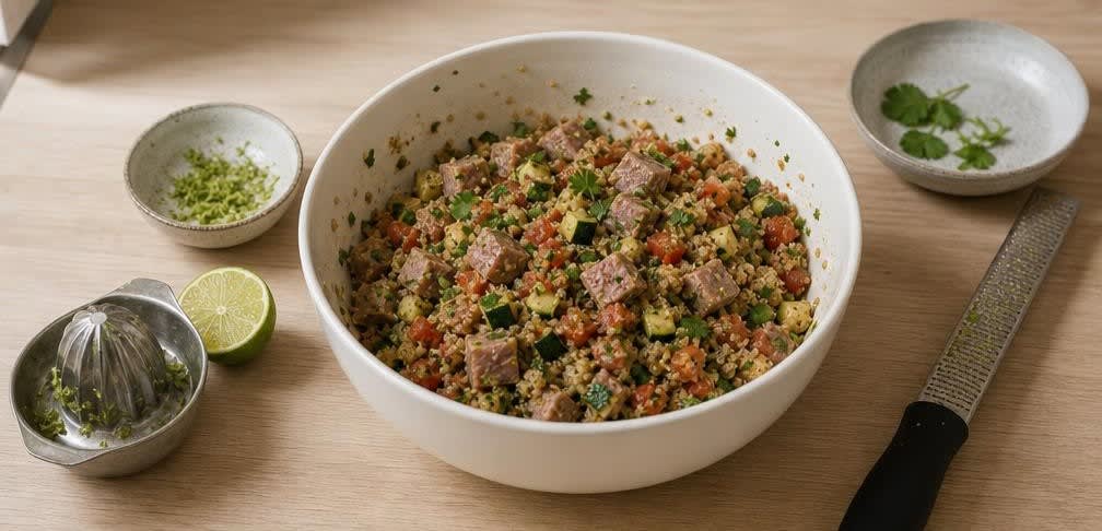 Mexikanische Thunfisch-Quinoa-Bowl mit Zucchini und Limette – Zubereitung Schritt für Schritt – Bowl mischen