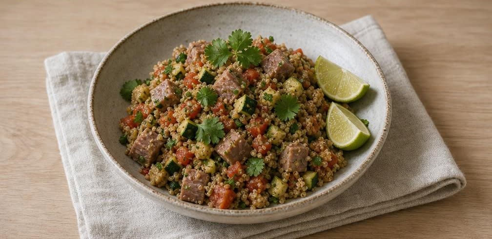 Mexikanische Thunfisch-Quinoa-Bowl mit Zucchini und Limette – Zubereitung Schritt für Schritt – Anrichten