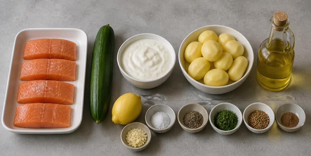 Skandinavischer Lachs auf frischem Gurken-Joghurt-Salat – Zutaten