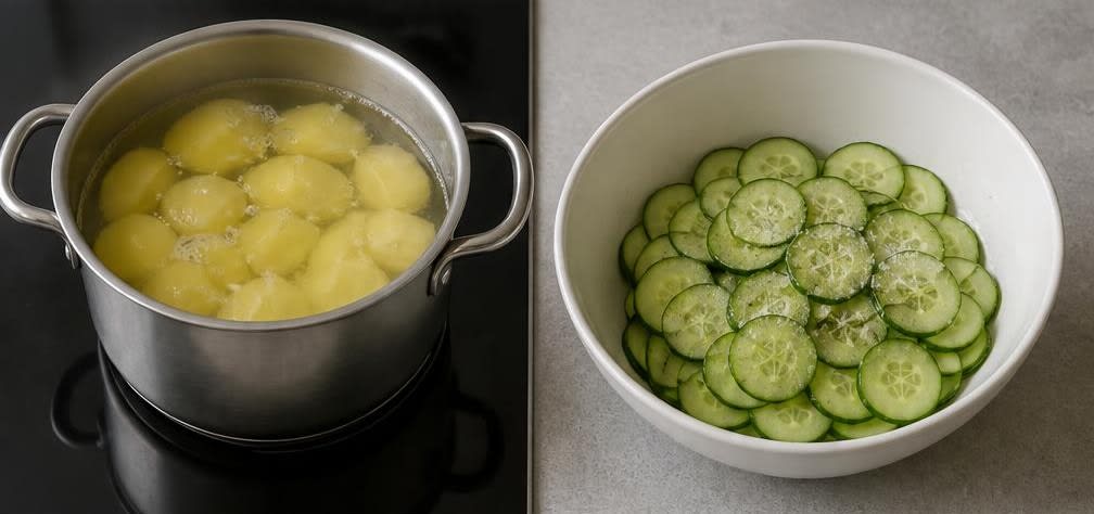 Skandinavischer Lachs auf frischem Gurken-Joghurt-Salat – Zubereitung Schritt für Schritt – Kartoffeln kochen & Gurke vorbereiten
