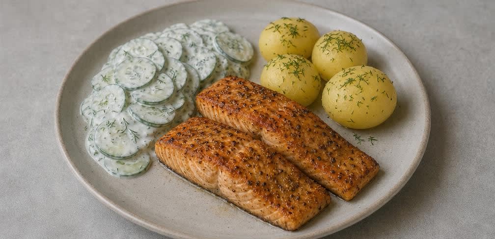 Skandinavischer Lachs auf frischem Gurken-Joghurt-Salat – Zubereitung Schritt für Schritt – Anrichten