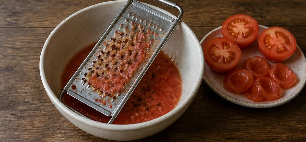 Spanischer Sardinen-Toast auf Tomate und Vollkornbrot – Zubereitung Schritt für Schritt – Tomatenpüree herstellen