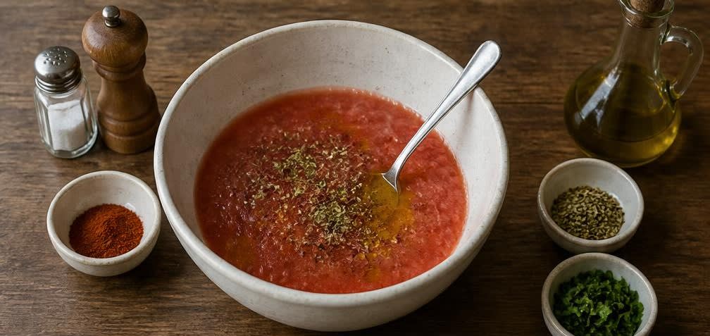 Spanischer Sardinen-Toast auf Tomate und Vollkornbrot – Zubereitung Schritt für Schritt – Tomatenpüree würzen