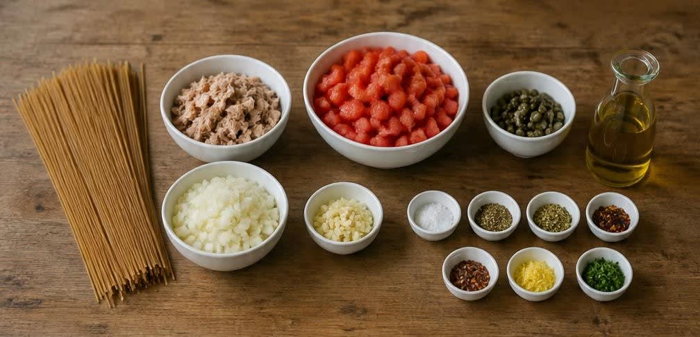 Vollkorn-Spaghetti mit Thunfisch, Kapern und frischen Tomaten – Zutaten