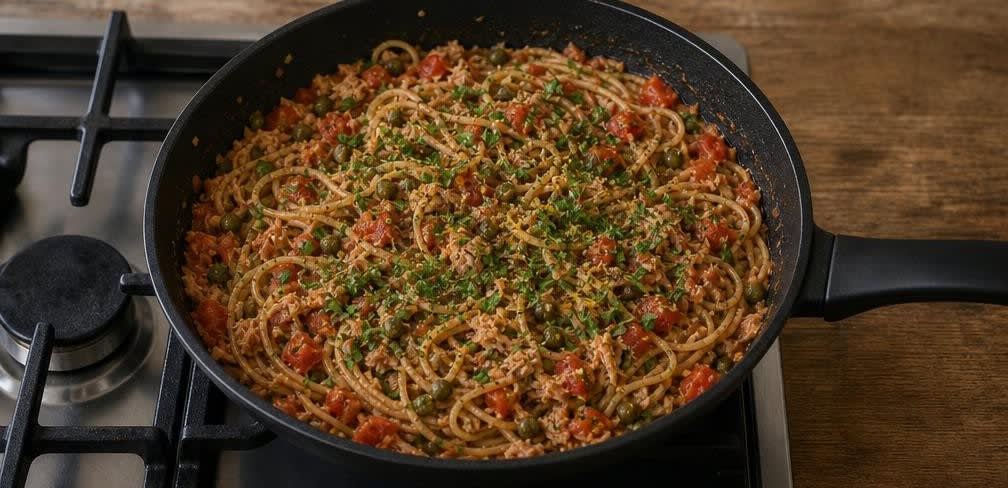 Vollkorn-Spaghetti mit Thunfisch, Kapern und frischen Tomaten – Zubereitung Schritt für Schritt – Nudeln mit Sauce vermischen