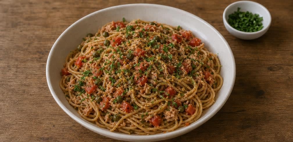 Vollkorn-Spaghetti mit Thunfisch, Kapern und frischen Tomaten – Zubereitung Schritt für Schritt – Anrichten