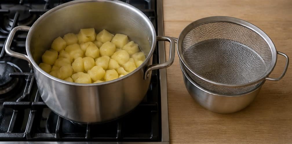 Französische Ofenforelle auf Champignons und Kartoffeln – Zubereitung Schritt für Schritt – Kartoffeln vorkochen