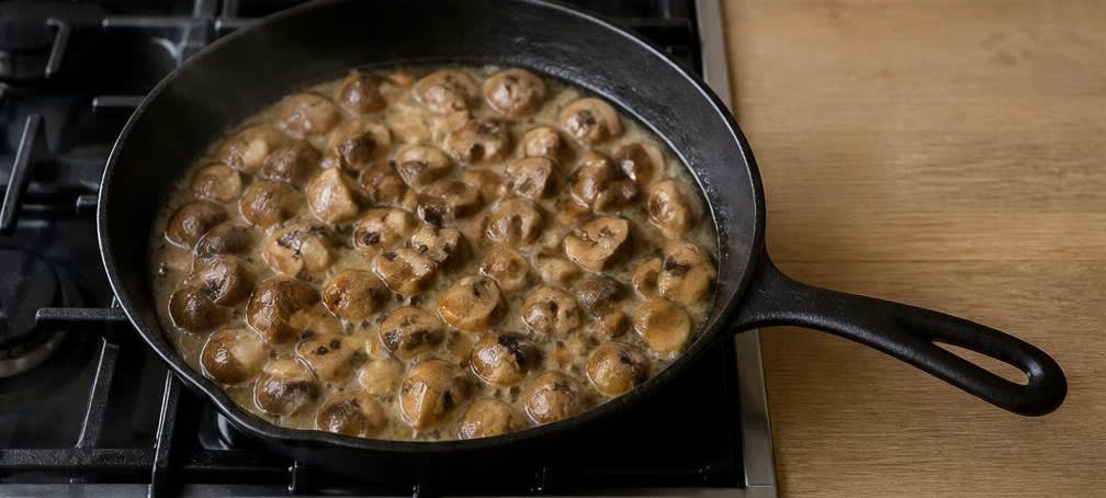 Französische Ofenforelle auf Champignons und Kartoffeln – Zubereitung Schritt für Schritt – Champignons anbraten