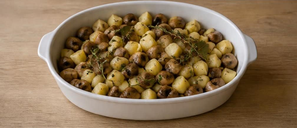 Französische Ofenforelle auf Champignons und Kartoffeln – Zubereitung Schritt für Schritt – Gemüse in Form mischen