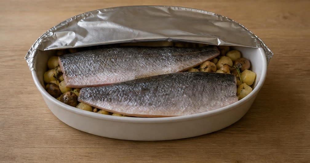 Französische Ofenforelle auf Champignons und Kartoffeln – Zubereitung Schritt für Schritt – Fisch auf Gemüse legen