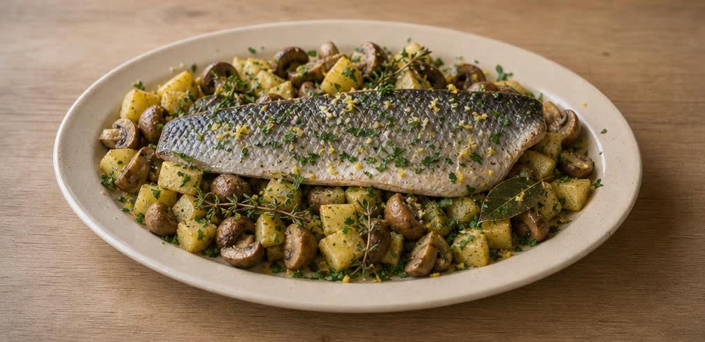 Französische Ofenforelle auf Champignons und Kartoffeln – Zubereitung Schritt für Schritt – Anrichten
