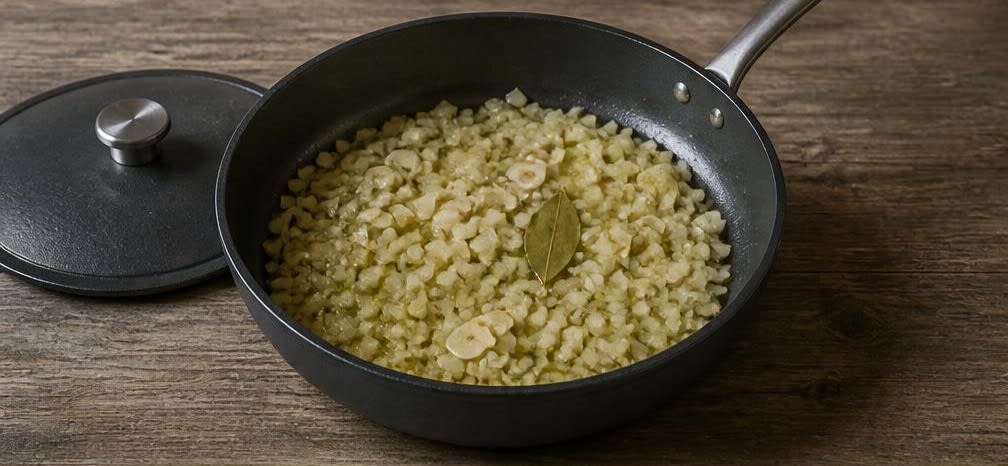 Spanischer Kabeljau auf Blumenkohl und Kichererbsen – Zubereitung Schritt für Schritt – Zwiebeln und Knoblauch anschwitzen