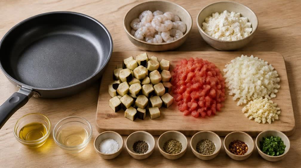 Griechische Garnelen-Auberginen-Pfanne mit Feta – Zutaten