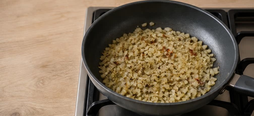 Griechische Garnelen-Auberginen-Pfanne mit Feta – Zubereitung Schritt für Schritt – Zwiebeln, Knoblauch und Gewürze andünsten