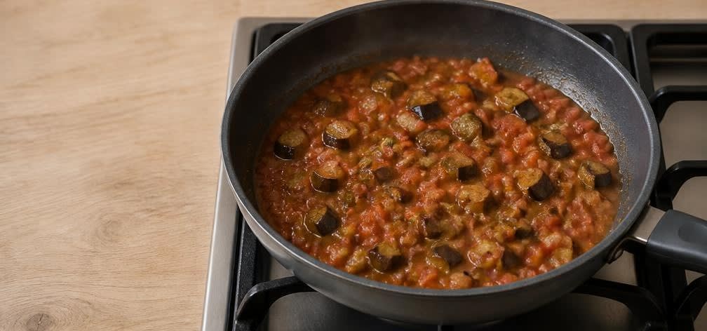 Griechische Garnelen-Auberginen-Pfanne mit Feta – Zubereitung Schritt für Schritt – Tomatensauce köcheln lassen
