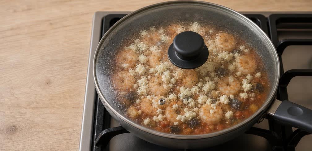 Griechische Garnelen-Auberginen-Pfanne mit Feta – Zubereitung Schritt für Schritt – Garnelen und Feta garen