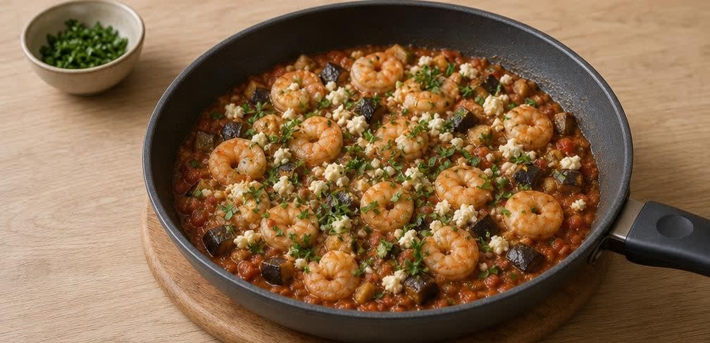 Griechische Garnelen-Auberginen-Pfanne mit Feta – Zubereitung Schritt für Schritt – Anrichten