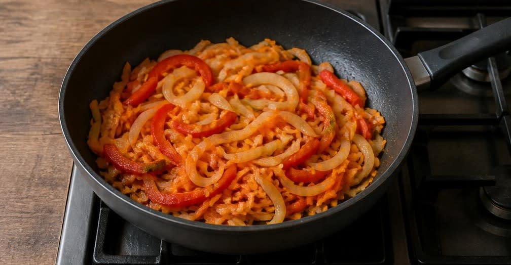 Kabeljau auf osteuropäische Art im Paprika-Tomaten-Sud – Zubereitung Schritt für Schritt – Gemüse anschwitzen