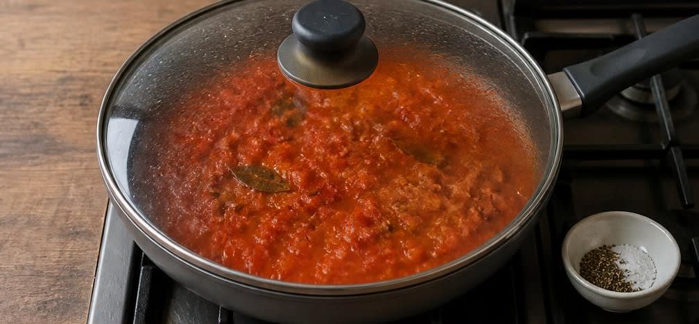 Kabeljau auf osteuropäische Art im Paprika-Tomaten-Sud – Zubereitung Schritt für Schritt – Tomatensud köcheln