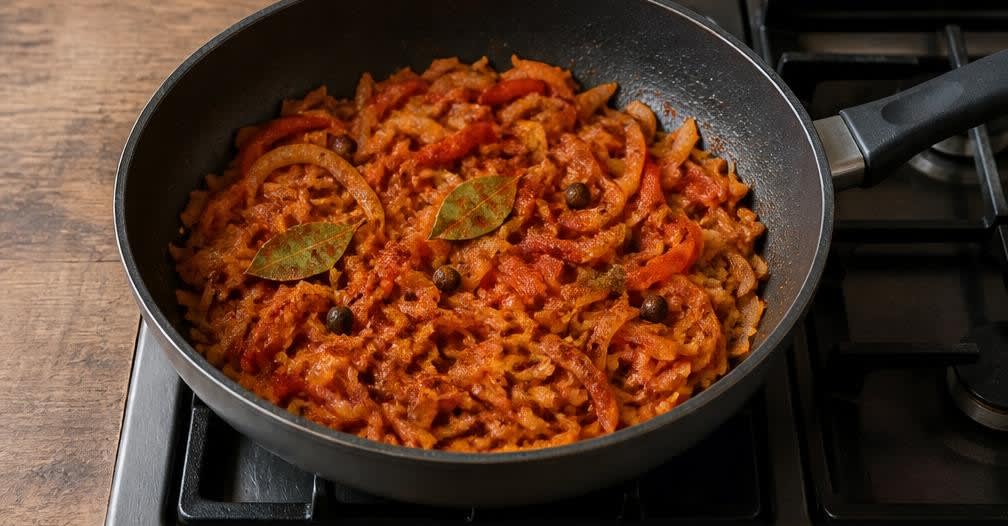 Kabeljau auf osteuropäische Art im Paprika-Tomaten-Sud – Zubereitung Schritt für Schritt – Gewürze anrösten