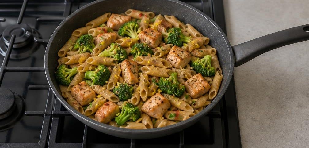 Vollkorn-Penne mit Lachs, Brokkoli und Zitrone – Zubereitung Schritt für Schritt – Nudeln und Brokkoli hinzufügen