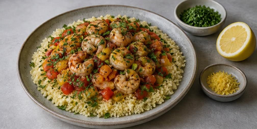 Marokkanische Garnelen mit Paprika und Zitronen-Couscous – Zubereitung Schritt für Schritt – Anrichten