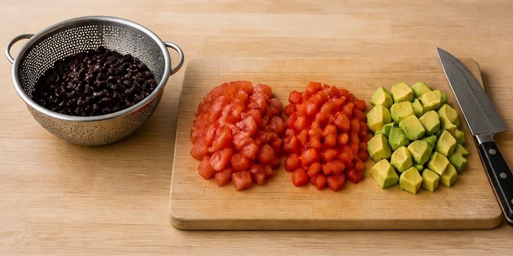 Mexikanischer Thunfisch auf Schwarze-Bohnen-Avocado-Salsa – Zubereitung Schritt für Schritt – Gemüse vorbereiten