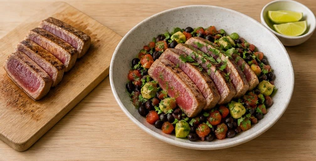 Mexikanischer Thunfisch auf Schwarze-Bohnen-Avocado-Salsa – Zubereitung Schritt für Schritt – Anrichten