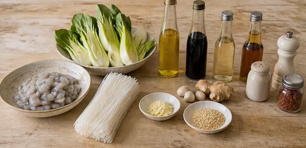 Pfannengerührte Garnelen mit knackigem Pak Choi und Reisnudeln – Zutaten