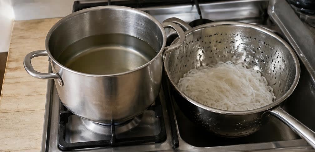 Pfannengerührte Garnelen mit knackigem Pak Choi und Reisnudeln – Zubereitung Schritt für Schritt – Reisnudeln vorbereiten