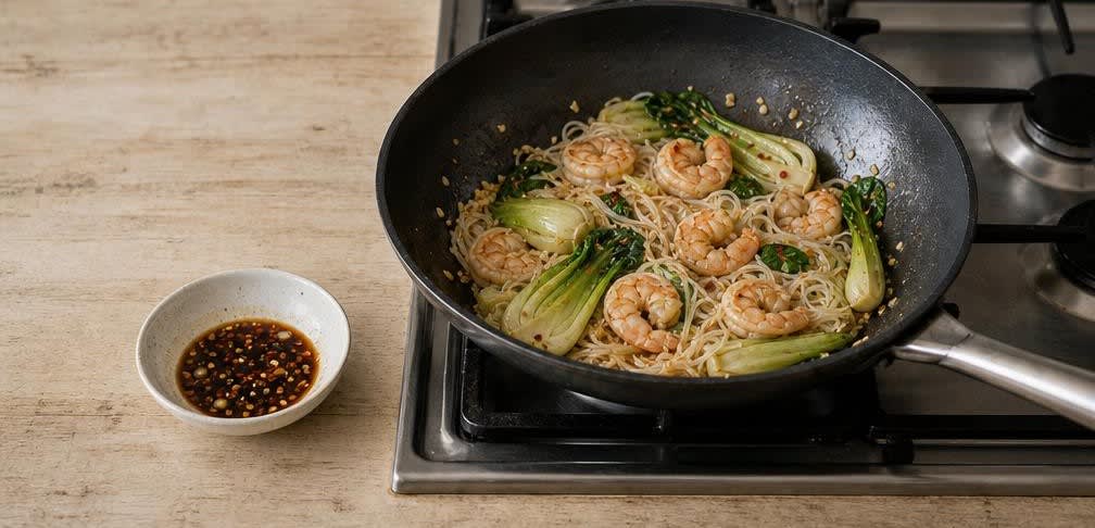 Pfannengerührte Garnelen mit knackigem Pak Choi und Reisnudeln – Zubereitung Schritt für Schritt – Nudeln und Würze mischen