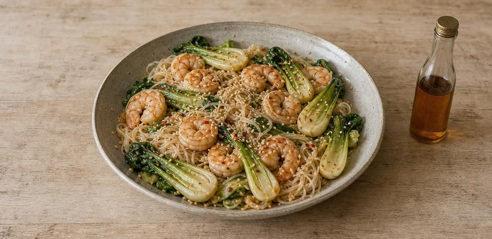 Pfannengerührte Garnelen mit knackigem Pak Choi und Reisnudeln – Zubereitung Schritt für Schritt – Anrichten