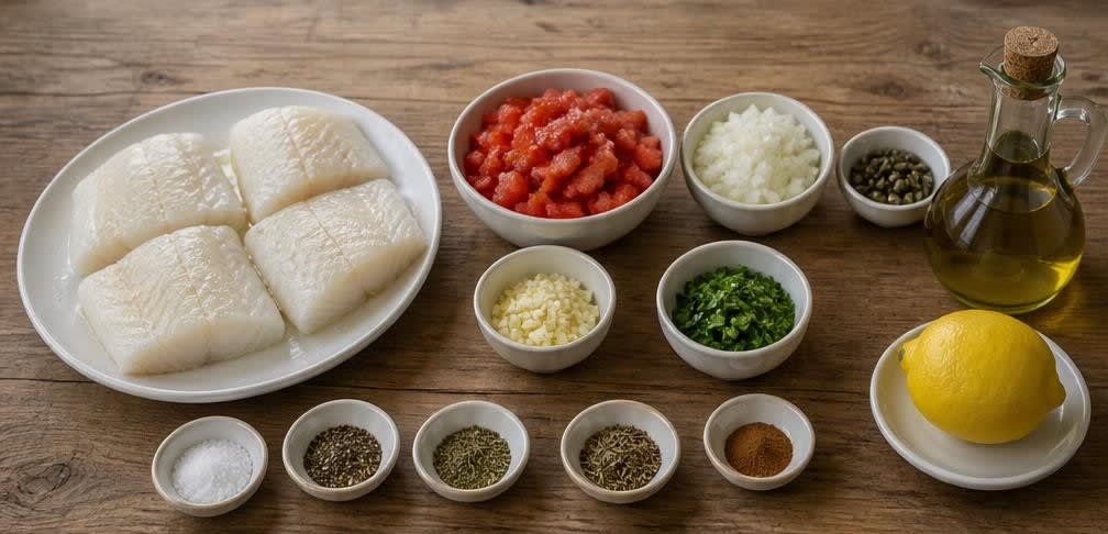 Griechischer Kabeljau in geschmorter Tomaten-Kapern-Sauce – Zutaten