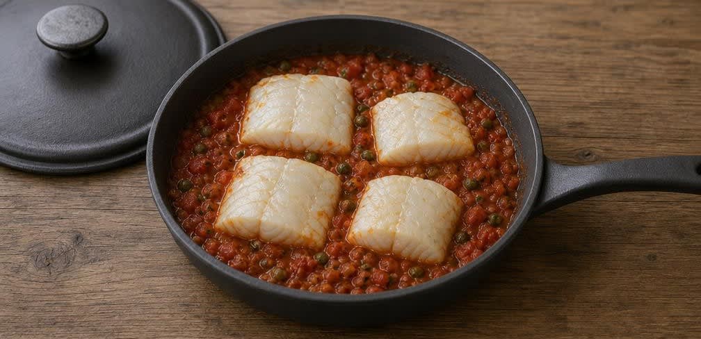 Griechischer Kabeljau in geschmorter Tomaten-Kapern-Sauce – Zubereitung Schritt für Schritt – Kabeljau in Sauce garen
