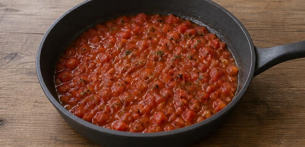 Griechischer Kabeljau in geschmorter Tomaten-Kapern-Sauce – Zubereitung Schritt für Schritt – Tomatensauce einkochen