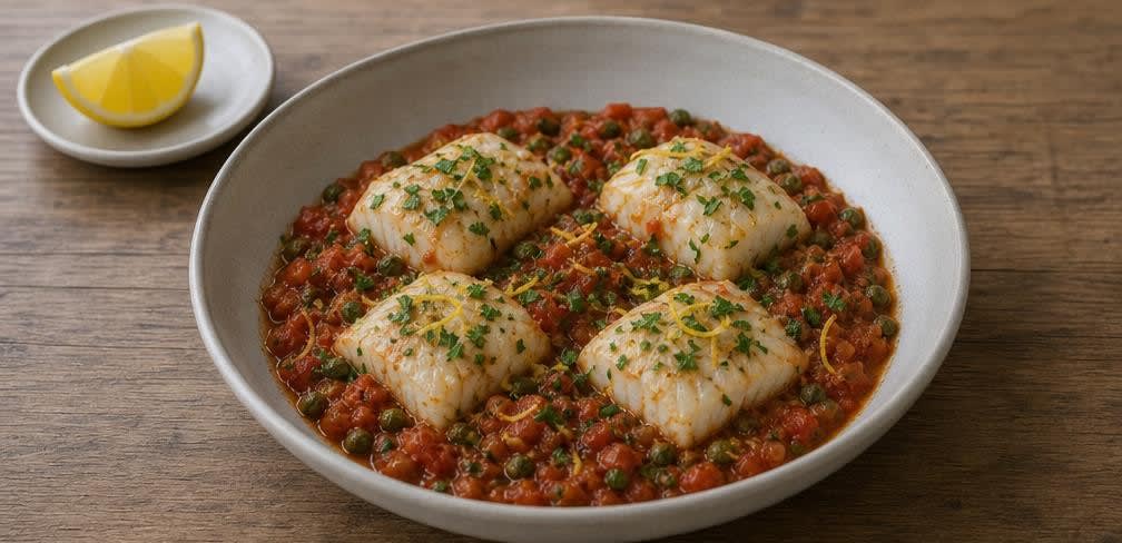 Griechischer Kabeljau in geschmorter Tomaten-Kapern-Sauce – Zubereitung Schritt für Schritt – Anrichten