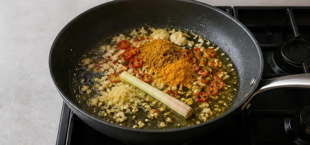 Cremiges Kokos-Curry mit Garnelen und Blumenkohl – Zubereitung Schritt für Schritt – Gewürze anschwitzen