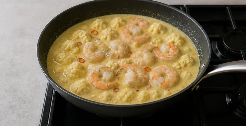Cremiges Kokos-Curry mit Garnelen und Blumenkohl – Zubereitung Schritt für Schritt – Garnelen gar ziehen lassen