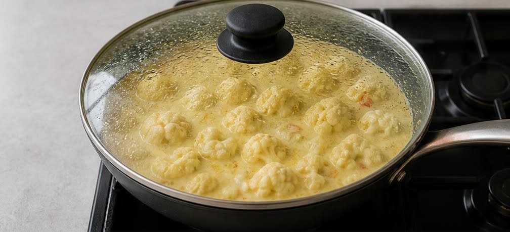 Cremiges Kokos-Curry mit Garnelen und Blumenkohl – Zubereitung Schritt für Schritt – Blumenkohl köcheln